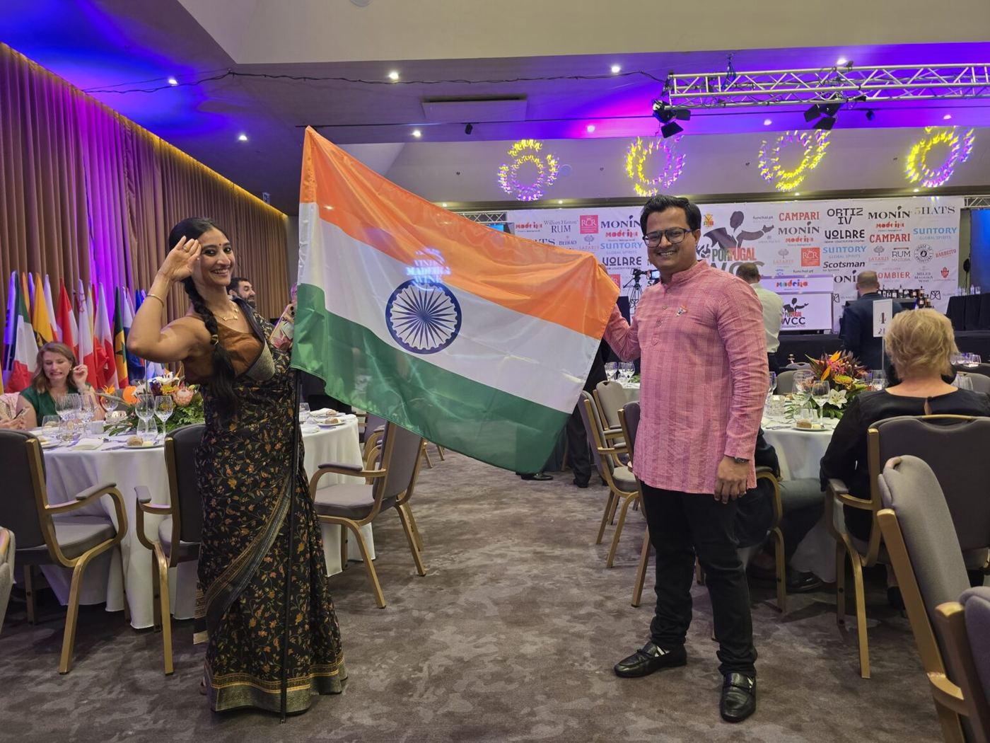 Guild gala dinner with the Indian tricolour held up in the hall