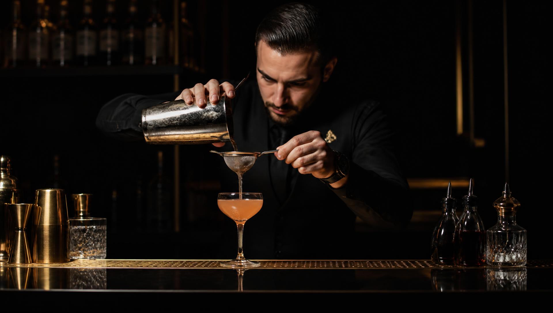 Professional bartender straining a cocktail behind a polished bar